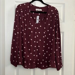 LOFT Maroon and White Polka Dot Blouse